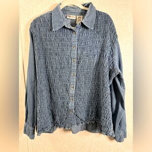 Vintage Faded Glory Blue Ruffled Button Down Long Sleeve Woman 18W Cottage Core